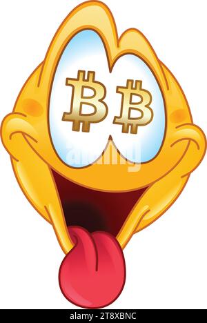 Glückliches Emoji-Emoticon mit Bitcoin-Zeichen in den Augen und der Zunge Stock Vektor