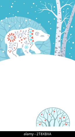 Vertikales Banner „Winter Forest Animal“. Handgezeichnete Silhouette eines Eisbären im skandinavischen Stil Stock Vektor