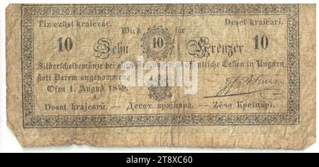 Münzbrief, 10 Kreuzer, Unbekannt, k.k. Hauptmünzamt, Münzamt, Münzamt, 01.08.1849, Papier, Druck, Höhe x Breite 47 x 100 mm, Mint, Buda, Ofen, Münzgebiet, Ungarn, Königreich (Österreich, Aufstand 1848, 1849), Finanzen, Wappen (als Staatssymbol usw.), Banknote, Geld, Wiener Sammlung Stockfoto