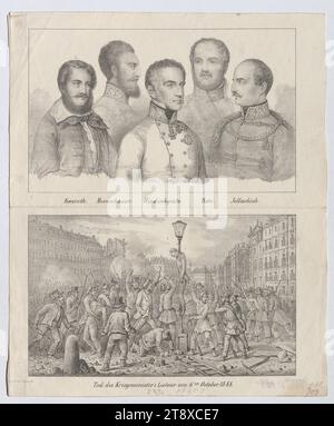 Kossuth. Messenhauser. Windischgrätz. Bem. Jellachich.“ (Jelačić, Porträts): "Tod des Kriegsministers Latour am 6. Oktober 1848." (2 Lithografien auf 1 Blatt), Unbekannt, 1849, Papier, Kreidelithografie, Höhe 27, 9 cm, Breite 23, 2 cm, Bildende Kunst, Revolutionen von 1848, 1849, 1. Bezirk: innere Stadt, Porträt, Mann, Lynchen, Sammlung Wien Stockfoto