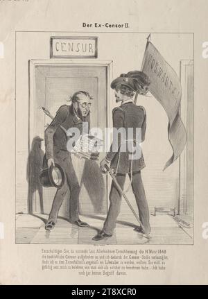 Ex-Censor II." (Karikatur über Zensur), Anton Zampis (1820-1883), Lithograph, Johann Höfelich (1796-1849), Drucker, 1848, Papier, Kreidelithographie, Höhe 33,9 cm, Breite 25,2 cm, Karikatur, Satire, Medien und Kommunikation, Revolutionen von 1848, 1849, Zensur, der Soldat; das Leben des Soldaten, die Sammlung Wien Stockfoto