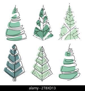 Weihnachtsbäume zeichnen in Minimal Art Stil Vektor isoliert Set. Abstrakte Weihnachtsbäume im skandinavischen Stil, festliches modernes Designelement für Neu Stock Vektor