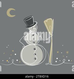 Schneemann mit Besen und Hut trendige Linie Zeichnung, Poster Vektor Illustration. Winter saisonales Feiertagskonzept, Grußkarte, Druckdesign mit Schneemann abs Stock Vektor
