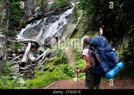 OR02667-00....OREGON - auf dem East Fork Lostine Trail #1662 halten Sie an einem Wasserfall entlang des Wanderwegs Wallowa-Whitman National Forest. Stockfoto