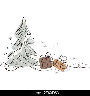 Durchgehende Linie weihnachtsbaum mit Geschenken minimaler Kunstzeichnung. Weihnachten und Neujahrsdesign für Grußkarte, Poster, Banner, Feiertagshintergrund Stock Vektor