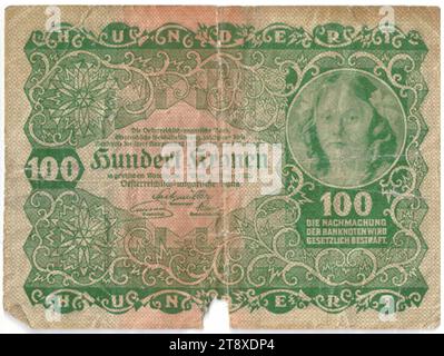 Banknote, 100 Kronen, Rudolf Rössler (1864-1934), Künstler, Rudolf Junk (1880-1943), Künstler, Österreichisch-ungarische Bank österreichischer Geschäftsführung, Münzanstalt, 02.01.1922, Papier, Druck, Breite 107 mm, Höhe 79 mm, Münzstätte Wien, Münzgebiet, Österreich, 1. Republik (1918-1933), die erste Republik, Finanzen, Frau, banknote, Geld, die Wiener Sammlung Stockfoto