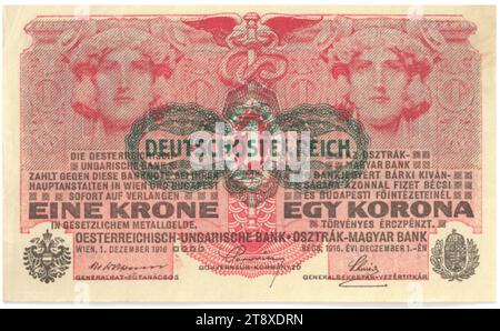 Banknote, 1 Krone, Alois Hans Schram (1864-1919), Künstler, Rudolf Rössler (1864-1934), Künstler, Rudolf Junk (1880-1943), Künstler, Österreichisch-ungarische Bank, Münzanstalt, 01.12.1916, Papier, Druck, Breite 113 mm, Höhe 69 mm, Münzprägeanstalt Wien, Münzprägegebiet, Österreich, 1. Republik (1918-1933), 1. Republik, Finanzen, Frau, Banknote, Geld, die Wiener Sammlung Stockfoto