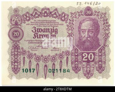 Banknote, 20 Kronen, Rudolf Rössler (1864-1934), Künstler, Rudolf Junk (1880-1943), Künstler, Österreichisch-ungarische Bank österreichischer Geschäftsführung, Münzanstalt, 02.01.1922, Papier, Druck, Breite 99 mm, Höhe 74 mm, Münzstätte Wien, Münzgebiet, Österreich, 1. Republik (1918-1933), die erste Republik, Finanzen, man, banknote, Geld, die Wiener Sammlung Stockfoto