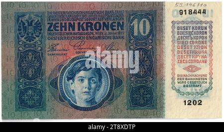 Banknote, 10 Kronen, österreichisch-ungarische Bank, Münzanstalt, Josef Pfeiffer (1864-1915), Künstler, 02.01.1915, Papier, Druck, Breite 150 mm, Höhe 82 mm, Münzstätte, Wien, Münzgebiet, Österreich-Ungarn, Kaiser-, Königreich (1804, 06-1918), 1. Weltkrieg, Finanzen, Kind, Wappen (als Staatssymbol usw.), Banknote, Geld, Wiener Sammlung Stockfoto