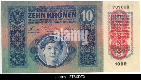 Banknote, 10 Kronen, Österreichisch-ungarische Bank, Münzamt, Josef Pfeiffer (1864-1915), Künstler, 02.01.1915, Papier, Druck, Breite 150 mm, Höhe 82 mm, Münzstätte Wien, Münzgebiet Österreich, 1. Republik (1918-1933), erste Republik, Finanzen, Wappen (als Symbol des Staates usw.), Kind, Banknote, Geld, Die Wiener Sammlung Stockfoto