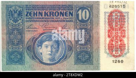 Banknote, 10 Kronen, österreichisch-ungarische Bank, Münzanstalt, Josef Pfeiffer (1864-1915), Künstler, 02.01.1915, Papier, Druck, Breite 150 mm, Höhe 82 mm, Münzstätte, Wien, Münzgebiet, Österreich, 1. Republik (1918-1933), erste Republik, Finanzen, Wappen (als Symbol des Staates usw.), Kind, Banknote, Geld, Die Wiener Sammlung Stockfoto