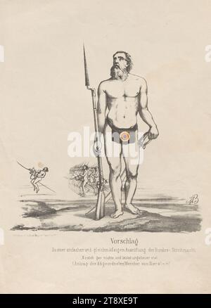 Vorschlag für eine einfache und einheitliche Ausrüstung der Bundeswehr, (...)" (Karikatur auf Vorschlag des Abgeordneten Wernher von Nierstein in der Frankfurter Nationalversammlung 1848), Alphons von Boddien (1802-1857), Lithograph, Eduard Gustav May (1818-1907), Verlag, 1848, Papier, farbig, Kreide-Lithographie, Höhe 30, 4 cm, Breite 21, 9 cm, Karikatur, Satire, Militär, Revolutionen von 1848, 1849, der Soldat; das Leben des Soldaten, die Wiener Sammlung Stockfoto