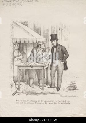 Der Reichsjustizminister in der Judengasse in Frankfurt a, m, (...)" (Karikatur über Johann Gustav Heckscher, Justizminister der Provisorischen Zentralmacht 1848), Johann Bernhard Simon, Verlag, 1848, Papier, Kreide-Lithographie, Höhe 36 cm, Breite 26, 6 cm, Karikatur, Satire, Revolutionen von 1848, 1849, Politik, Minister  Regierung, Die Wiener Sammlung Stockfoto