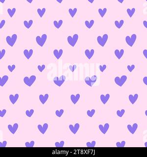 Nahtloses Muster mit violettem Herzmuster in flachem Stil. Niedliche Vektor-Illustration. Endlos handgezeichneter romantischer Druck. Stock Vektor