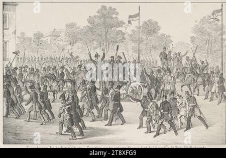 Triumphierende Prozession der Nationalgarde u. Grenadiere mit den eroberten Kanonen durch die Jägerzeile in die Stadt. 1 Uhr nachmittags." (Am 6. Oktober 1848), Johann Höfelich (1796–1849), Herausgeber, 1848, Papier, kreideähnliche Lithographie, Höhe 16, 3 cm, Breite 23, 8 cm, Militär, Revolutionen von 1848, 1849, 2. Bezirk: Leopoldstadt, Kampf, Kampf im Allgemeinen, die Wiener Sammlung Stockfoto