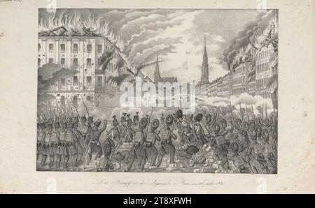 Der Kampf in der Jägerzeile in Wien am 28. Oktober 1848.", Unknown, 1848, Papier, Kreide-Lithographie, Höhe 29, 9 cm, Breite 45, 8 cm, Militär, Revolutionen von 1848, 1849, Bildende Künste, 2. Bezirk: Leopoldstadt, Schlacht, im Allgemeinen kämpfen, brennen, der Soldat; das Leben des Soldaten, die Wiener Sammlung Stockfoto