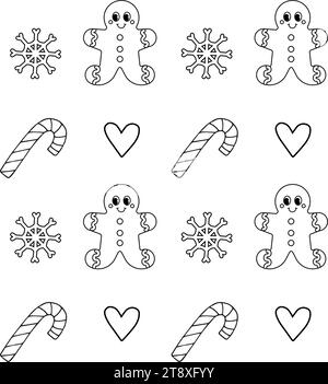 Nahtloses Vektor-Muster von groovigen Retro-Zeichentrickfilm-Weihnachtselementen isoliert auf weißem Hintergrund Stock Vektor