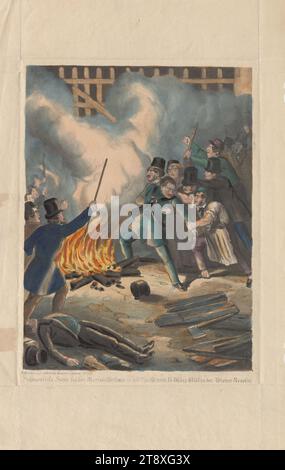 Schauerliche Szene bei der Mariahilferlinie in der Nacht vom 13. März 1848 in der Wiener-Revolut.", Joseph Albrecht, Lithograph, 1848, Paper, farbige, kreideähnliche Lithografie, Höhe 43 cm, Breite 26, 6 cm, schöne Künste, Revolutionen von 1848, 1849, Kämpfe, der Soldat; das Leben des Soldaten, Linien, Linienämter, die Wiener Sammlung Stockfoto