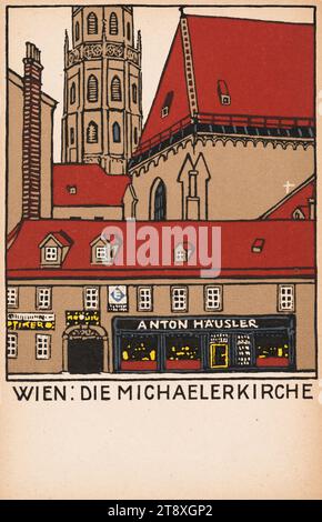 Postkarte der Wiener Werkstätte Nr. 140: Wien: St. Michael's Church, Urban Janke (1887-1915), Künstler, Wiener Werkstätte, Verlag, 1908, Karton, Farblithographie, Höhe x Breite 14x9 cm, Wiener Werkstatt, schöne Kunst, Wien um 1900, 1. Bezirk: innere Stadt, Michaelerkirche, Kirche (außen), Sammlung Wien Stockfoto