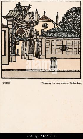 Postkarte der Wiener Werkstätte Nr. 299: Wien, Eingang zum Unteren Belvedere, fraglich:, 1910, Karton, Lithographie, Höhe x Breite 14 x 8, 9 cm, Wiener Werkstatt, Bildende Kunst, Wien um 1900, Tor, Eingang, Schloss Belvedere, Wiener Sammlung Stockfoto