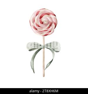 Weihnachtslutscher mit grüner Schleife. Aquarellillustration, isoliert auf weißem Hintergrund. Symbol der Weihnachtsfeiertage, 2024 Jahre. Stockfoto