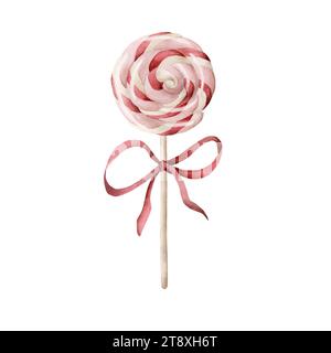 Weihnachtslutscher mit roter Schleife. Aquarellillustration, isoliert auf weißem Hintergrund. Symbol der Weihnachtsfeiertage, 2024 Jahre. Stockfoto