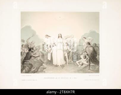 ERINNERUNGEN AN DIE MÄRZTAGE 1848. (Allegorie der Errungenschaften der Revolution), Leopold Müller (1807-1862), Lithograph, 1848, Papier, farbige, kreideähnliche Lithographie, Höhe 44, 4 cm, Breite 60, 5 cm, Bildende Kunst, Revolutionen von 1848, 1849, Allegorie, Die Wiener Sammlung Stockfoto