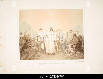 ERINNERUNGEN AN DIE MÄRZTAGE 1848." (Allegorie der Errungenschaften der Revolution), Leopold Müller (1807-1862), Lithograph, 1848, Papier, farbige, kreideähnliche Lithographie, Höhe 44, 8 cm, Breite 61, 9 cm, Bildende Kunst, Revolutionen von 1848, 1849, Allegorie, Die Wiener Sammlung Stockfoto