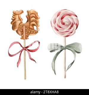 Set mit 2 Lutschen mit Weihnachtsbonbons auf Stäbchen mit Schleifenschleifen. Aquarellabbildung isoliert auf weißem Hintergrund für winterweihnachtsdesign Stockfoto