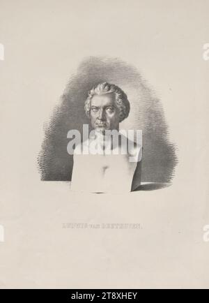 Büste von Ludwig van Beethoven, Josef Kriehuber (1800-1876), Lithograf, Tobias Haslinger (1787-1842), Verlag, Datum nach 1827, Papier, Lithografie, Höhe 36,4 cm, Breite 27 cm, bildende Kunst, Musik, Nachlass Constantin von Wurzbach, Porträt, Mann, Komponist, Papier (Schreibmaterial), Skulptur, Ludwig van Beethoven, Sammlung Wien Stockfoto