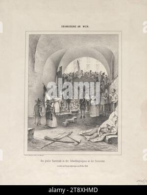 Die große Barrikade in der Schwibbogengasse an der Universität, errichtet am 26. Mai, und abgenommen am 30. Mai 1848', Johann Werner, Lithograf, 1848, Papier, Kreidelithographie, Höhe 35,6 cm, Breite 27,7 cm, Bildende Kunst, Revolutionen 1848, 1849, 1. Bezirk: innere Stadt, Hindernisse in Straßen; Barrieren, Sammlung Wien Stockfoto