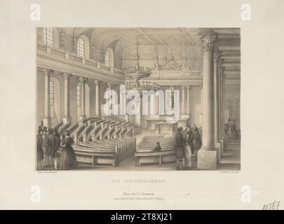 DIE REICHSTAGSKAMMER." (Reichstagssaal in der Winterreitschule am 10. Juli 1848), Franz Josef Xaver Sandmann (1805-1856), Lithograph, Johann Rauh (1803-1863), Drucker, Leopold Theodor Neumann (1804-1876), Verlag, 1848, Papier, Kreidelithographie, Höhe 20,2 cm, Breite 26,7 cm, Bildende Kunst, Politik, Umdrehungen von 1848, 1849, 1. Bezirk: Innere Stadt, Parlament, Hofburg, Sammlung Wien Stockfoto