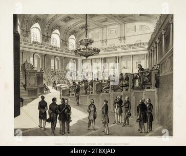 ERSTE VORSITZUNG DES REICHSTAGS IN WIEN." (Am 10. Juli 1848), Franz Kollarz (Kolář) (1825-1894), Lithograph, Johann Rauh (1803-1863), Drucker, 1848, Papier, Kreidelithographie, Höhe 41,9 cm, Breite 53,5 cm, Bildende Kunst, Revolutionen 1848, 1849, Politik, 1: innere Stadt, Debatte, Diskussion ( parlament), parlament, Sammlung Wien Stockfoto