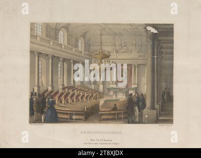 DIE REICHSTAGSKAMMER." (Reichstagssaal in der Winterreitschule am 10. Juli 1848), Franz Josef Xaver Sandmann (1805-1856), Lithograph, Johann Rauh (1803-1863), Drucker, Leopold Theodor Neumann (1804-1876), Verlag, 1848, Papier, farbig, Kreidelithographie, Höhe 19,9 cm, Breite 27,1 cm, Bildende Kunst, Politik, Revolutionen von 1848, 1849, 1. Bezirk: Innere Stadt, parlament, Hofburg, Sammlung Wien Stockfoto