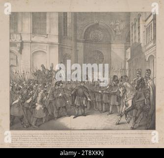 Die Nationalgarde verteidigt die Hofburg gegen die Invasion des Proletariats am 31. Oktober 1848, Friedrich Berndt, Lithograph Vinzenz Katzler (1823–1882), Lithograph Ludwig Christian Förster (1797-1863), Drucker, 1848, Papier, Kreidelithographie, Höhe 32,5 cm, Breite 36,5 cm, Militär, Arbeiter, Umdrehungen von 1848, 1849, 1. Bezirk: innere Stadt, der Soldat; das Leben des Soldaten, Kämpfen, Kämpfen im Allgemeinen, Hofburg, Die Wiener Sammlung Stockfoto