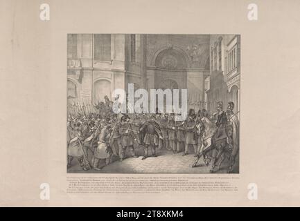 Die Nationalgarde verteidigt die Hofburg gegen die Invasion des Proletariats am 31. Oktober 1848, Friedrich Berndt, Lithograph Vinzenz Katzler (1823–1882), Lithograph Ludwig Christian Förster (1797-1863), Drucker, 1848, Papier, Kreidelithographie, Höhe 39,7 cm, Breite 56,6 cm, Militär, Arbeiter, Umdrehungen von 1848, 1849, 1: die Stadt, der Soldat; das Leben des Soldaten, kämpfend, Kämpfe im Allgemeinen, Hofburg, Wiener Sammlung Stockfoto