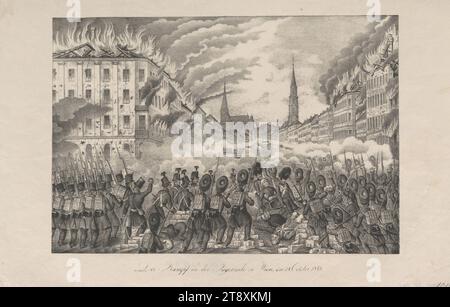 Die Schlacht in der Jägerzeile in Wien, am 28. Oktober 1848', unbekannt, 1848, Papier, Kreidelithographie, Höhe 29,4 cm, Breite 45,6 cm, Militär, Revolutionen von 1848, 1849, Bildende Künste, 2. Bezirk: Leopoldstadt, Schlacht, im Allgemeinen kämpfen, brennen, der Soldat; das Leben des Soldaten, die Sammlung Wien Stockfoto