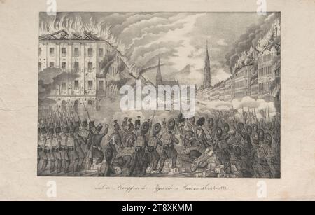 Die Schlacht in Jägerzeile in Wien, am 28. Oktober 1848', unbekannt, 1848, Papier, Kreidelithographie, Höhe 29, 3 cm, Breite 46 cm, Militär, Revolutionen von 1848, 1849, Bildende Künste, 2. Bezirk: Leopoldstadt, Kampf, Kampf im Allgemeinen, brennend, der Soldat, das Leben des Soldaten, Die Wiener Sammlung Stockfoto
