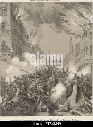 Sturm u. Einnahme der Sternbarrikade in der Jägerzeile am Eingange des Praters." (Am 28. Oktober 1848), Vinzenz Katzler (1823-1882), Lithograph, Ludwig Christian Förster (1797-1863), Drucker, 1848, Papier, Kreidelithographie, Höhe 61,8 cm, Breite 44,5 cm, Bildende Kunst, Militär, Umdrehungen von 1848, 1849, 2: Leopoldstadt, Schlacht, Kampf im Allgemeinen, der Soldat; das Leben des Soldaten, die Wiener Sammlung Stockfoto