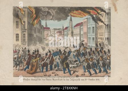 Großer Kampf an der Sternbarrikade in Jägerzeile am 28. Oktober 1848', Franz Barth (1789-1853), Verlag, 1848, Papier, farbig, Kupferstich, Höhe 20, 6 cm, Breite 31, 2 cm, Bildende Kunst, Umdrehungen von 1848, 1849, 2. Bezirk: Leopoldstadt, Straßenblockaden, Barrikaden, Schlacht, Kämpfe im Allgemeinen, Feuer, die Wiener Sammlung Stockfoto