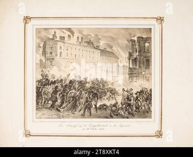 Der Angriff auf die Doppelbarrikade in Jägerzeile, am 28. Oktober 1848', Johann Schönberg (1780-1863), Lithografie, 1848, Papier, Kreidelithographie, Höhe 42,5 cm, Breite 55,5 cm, Revolutionen 1848, 1849, Militär, Bildende Künste, 2: Leopoldstadt, Schlacht, Schlachten im Allgemeinen, Straßenblockaden, Barrikaden, die Wiener Sammlung Stockfoto