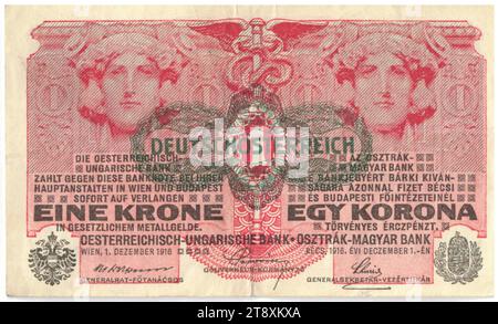 Banknote, 1 Krone, Alois Hans Schram (1864-1919), Künstler, Rudolf Rössler (1864-1934), Künstler, Rudolf Junk (1880-1943), Künstler, österreichisch-ungarische Bank, Münzbehörde, 01.12.1916, Papier, Druck, Breite 114 mm, Höhe 68 mm, Münzprägeanstalt Wien, Prägegebiet, Österreich, 1. Republik (1918-1933), erste Republik, Frau, Banknote, Geld, die Wiener Sammlung Stockfoto