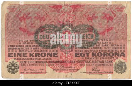 Banknote, 1 Krone, Alois Hans Schram (1864-1919), Künstler, Rudolf Rössler (1864-1934), Künstler, Rudolf Junk (1880-1943), Künstler, österreichisch-ungarische Bank, Münzbehörde, 01.12.1916, Papier, Druck, Breite 113 mm, Höhe 68 mm, Münzprägeanstalt Wien, Prägegebiet, Österreich, 1. Republik (1918-1933), erste Republik, Finanzen, Frau, Banknote, Geld, Die Wiener Sammlung Stockfoto