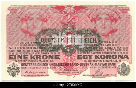 Banknote, 1 Krone, Alois Hans Schram (1864-1919), Künstler, Rudolf Rössler (1864-1934), Künstler, Rudolf Junk (1880-1943), Künstler, österreichisch-ungarische Bank, Münzbehörde, 01.12.1916, Papier, Druck, Breite 114 mm, Höhe 68 mm, Münze, Wien, Prägegebiet, Österreich, 1. Republik (1918-1933), erste Republik, Frau, Banknote, Geld, die Wiener Sammlung Stockfoto