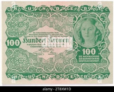 Banknote, 100 Kronen, Rudolf Rössler (1864-1934), Künstler, Rudolf Junk (1880-1943), Künstler, österreichisch-ungarische Bank Österreichische Leitung, Münzbehörde, 02.01.1922, Papier, Druck, Höhe 80 mm, Breite 107 mm, postfrisch, Wien, Münzgebiet, Österreich, 1. Republik (1918-1933), die erste Republik, Finanzen, Frau, Banknote, Geld, die Wiener Sammlung Stockfoto