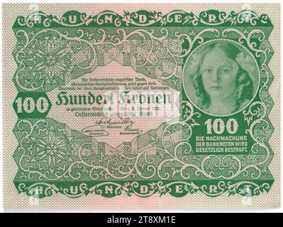 Banknote, 100 Kronen, Rudolf Rössler (1864-1934), Künstler, Rudolf Junk (1880-1943), Künstler, österreichisch-ungarische Bank Österreichische Leitung, Münzbehörde, 02.01.1922, Papier, Druck, Breite 107 mm, Höhe 80 mm, postfrisch, Wien, Münzgebiet, Österreich, 1. Republik (1918-1933), die erste Republik, Finanzen, Frau, Banknote, Geld, die Wiener Sammlung Stockfoto