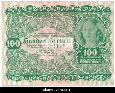 Banknote, 100 Kronen, Rudolf Rössler (1864-1934), Künstler, Rudolf Junk (1880-1943), Künstler, Österreichisch-Ungarische Bank of Austrian Management, Münzbehörde, 02.01.1922, Papier, Druck, Höhe 80 mm, Breite 107 mm, Münzstätte Wien, Prägegebiet, Österreich, 1. Republik (1918-1933), die erste Republik, Finanzen, Frau, Banknote, Geld, Die Wiener Sammlung Stockfoto