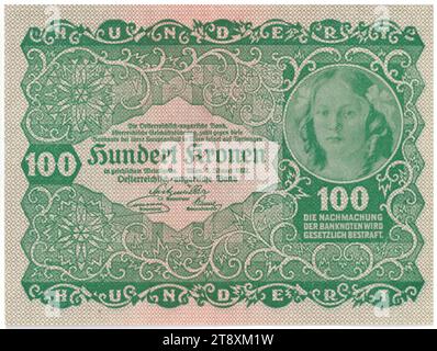 Banknote, 100 Kronen, Rudolf Rössler (1864-1934), Künstler, Rudolf Junk (1880-1943), Künstler, österreichisch-ungarische Bank Österreichische Leitung, Münzbehörde, 02.01.1922, Papier, Druck, Breite 107 mm, Höhe 80 mm, postfrisch, Wien, Münzgebiet, Österreich, 1. Republik (1918-1933), die erste Republik, Finanzen, Frau, Banknote, Geld, die Wiener Sammlung Stockfoto