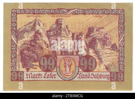 Gutschein, 99 Heller, Marktstadt Lofer (Salzburg), Münzanstalt, Wagner, Innsbruck, Druckerei, Datum vor dem 31.3,1921, Papier, Druck, Höhe x Breite 65 x 95 mm, mintfarben, Innsbruck, Münzgebiet, Österreich, 1. republik (1918-1933), Finanzen, Warenzeichen, private Münze, Berge, Madonna auf der Mondsichel (auch Himmelskönigin genannt) (in Mandorla), die Wiener Sammlung Stockfoto