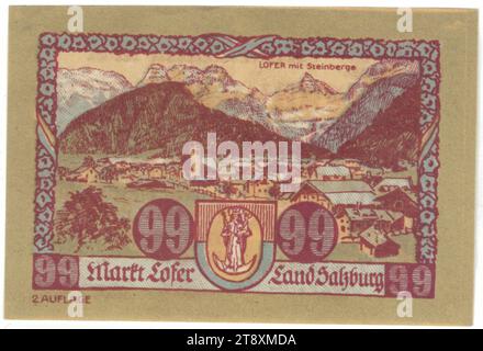 Gutschein, 99 Heller, Marktstadt Lofer (Salzburg), Münzanstalt, Wagner, Innsbruck, Druckerei, Datum vor dem 31.3,1921, Papier, Druck, Höhe x Breite 65 x 97 mm, mintfarben, Innsbruck, Münzgebiet, Österreich, 1. Republik (1918-1933), Finanzen, Token, private Münze, Blick auf das Dorf, Dorfsilhouette, Madonna auf der Mondsichel (auch Himmelskönigin genannt) (in Mandorla), die Wiener Sammlung Stockfoto